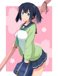 Rule 34 | 1girl, aircraft, airplane, alternate costume, bag, between breasts, black hair, blue eyes, blue sailor collar, blue skirt, bow (weapon), breasts, cherry blossoms, cowboy shot, d3a, floral background, green jacket, green neckwear, jacket, kantai collection, charm (object), kugui kiyunemu, large breasts, looking at viewer, pink background, pleated skirt, sailor collar, school bag, school uniform, serafuku, short hair, skirt, smile, solo, souryuu (kancolle), twintails, weapon