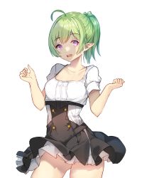 Rule 34 | 1girl, absurdres, ahoge, black dress, breasts, collarbone, commentary request, cowboy shot, curled fingers, dress, elf, frilled dress, frills, green eyes, hair between eyes, highres, looking at viewer, open mouth, original, pointy ears, purple eyes, shaded face, shadow, shirt, short hair, short sleeves, simple background, small breasts, solo, teeth, thighs, upper teeth only, vierzeck, white dress, white shirt