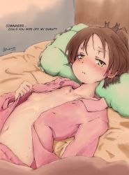 Rule 34 | 1girl, alternate costume, bed sheet, blonde hair, blush, brown hair, clenched teeth, collarbone, ear blush, flat chest, hard-translated, highres, kantai collection, long sleeves, lying, navel, nose blush, on back, on bed, open pajamas, pajamas, parted lips, pillow, ponytail, shikinami (kancolle), short hair, solo, suzunone rin, sweat, teeth, third-party edit, translated, twitter username, upper body, wet