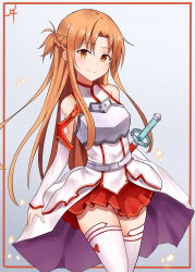 Rule 34 | 1girl, absurdres, april cho, armor, asuna (sao), bad id, bad pixiv id, breastplate, brown eyes, brown hair, detached sleeves, floating hair, grey background, hair between eyes, highres, long hair, looking at viewer, miniskirt, pleated skirt, red skirt, sheath, sheathed, skirt, smile, solo, sword art online, thighhighs, white thighhighs, zettai ryouiki
