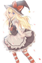 Rule 34 | 1girl, bad id, bad pixiv id, blonde hair, blue eyes, female focus, hat, kirisame marisa, long hair, skirt, solo, striped clothes, striped thighhighs, tetsuo (tashirosu), thighhighs, touhou, white background, witch hat