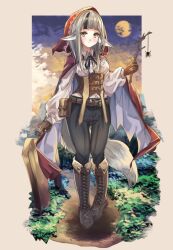 Rule 34 | 1girl, animal ears, belt, belt pouch, black hair, black pants, black ribbon, boots, branch, brown corset, brown gloves, bug, cape, closed mouth, collared shirt, corset, cross-laced footwear, dress shirt, fire emblem, fire emblem fates, fold-over boots, fuussu (21-kazin), gloves, grey hair, grey tail, holding, holding branch, hood, hood up, hooded cape, lace-up boots, long hair, long sleeves, multicolored hair, neck ribbon, nintendo, orange eyes, pants, pouch, ribbon, shirt, smile, solo, spider, streaked hair, tail, two-tone hair, velouria (fire emblem), white shirt, wolf ears, wolf girl, wolf tail