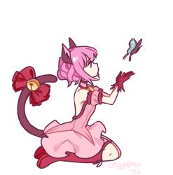 Rule 34 | 1girl, 2022, animal ears, artist name, back cutout, bell, boots, bow, bug, butterfly, cat ears, cat girl, cat tail, choker, closed mouth, clothing cutout, commentary, dress, english commentary, from side, full body, gigglepox, gloves, highres, insect, knee boots, magical girl, momomiya ichigo, pink choker, pink dress, pink eyes, pink hair, pink theme, puffy sleeves, red gloves, short hair, simple background, sitting, solo, tail, tail bell, tail bow, tail ornament, tokyo mew mew, white background