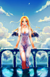 Rule 34 | angel wings, blonde hair, cloud, day, dress, long hair, mizuhara mei, original, solo, sundress, wet, wet clothes, wings