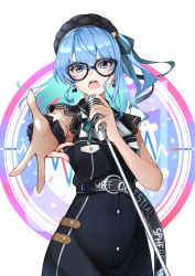 Rule 34 | 1girl, absurdres, asymmetrical hair, black-framed eyewear, black dress, black hat, blue eyes, blue hair, blue nails, blush, breasts, clothes writing, commentary, cowboy shot, dress, earrings, floating hair, foreshortening, glasses, hair between eyes, hair ribbon, hat, highres, hololive, hoshimachi suisei, hoshimachi suisei (streetwear), jewelry, lace, lace-trimmed dress, lace trim, light blue hair, long hair, looking at viewer, microphone stand, music, nail polish, open mouth, outstretched hand, reaching, reaching towards viewer, ribbon, saco (cgmore), side ponytail, simple background, singing, sleeveless, sleeveless dress, small breasts, solo, star (symbol), star in eye, symbol in eye, virtual youtuber, white background, wrist cuffs