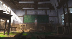 Rule 34 | 1girl, absurdres, arms at sides, barefoot, black eyes, black hair, ceiling light, chair, chalkboard, classroom, commentary request, desk, dress, grass, highres, indoors, onita, original, overgrown, ruins, scenery, school chair, school desk, shadow, short hair, sitting, sleeveless, sleeveless dress, solo, white dress, wooden chair, wooden floor