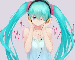 Rule 34 | 1girl, aqua hair, blue eyes, camisole, hands on headphones, hatsune miku, headphones, highres, kisei2, long hair, musical note, one eye closed, simple background, smile, solo, tattoo, twintails, very long hair, vocaloid