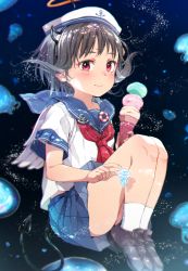 Rule 34 | 1girl, anchor symbol, animal, beret, black footwear, black hair, blue sailor collar, blue skirt, blush, closed mouth, demon tail, eyebrows hidden by hair, fake halo, fake horns, feathered wings, food, full body, gomennasai, halo, hat, highres, holding, holding food, horns, ice cream, ice cream cone, jellyfish, loafers, neckerchief, original, pleated skirt, red eyes, red neckerchief, sailor collar, school uniform, serafuku, shirt, shoes, short sleeves, skirt, smile, socks, solo, tail, triple scoop, underwater, white hat, white shirt, white socks, white wings, wings, zangyaku-san