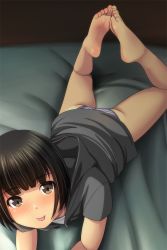 Rule 34 | 1girl, :p, ass, barefoot, black hair, blush, feet, feet together, female focus, highres, hood, hoodie, looking at viewer, lying, matsunaga kouyou, on bed, on stomach, original, panties, soles, solo, the pose, toes, tongue, tongue out, underwear