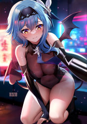 Rule 34 | 1girl, alternate costume, bare shoulders, blue hair, blurry, blurry background, blush, breasts, brooch, cleavage, covered erect nipples, covered navel, cyberpunk, demon girl, demon tail, demon wings, detached sleeves, eula (genshin impact), genshin impact, headband, highres, jewelry, large breasts, leotard, midriff, midriff peek, navel, neon lights, outstretched hand, seiza, short hair, short hair with long locks, sitting, squchan, stomach, tail, thick thighs, thighs, wide hips, wings, yellow eyes