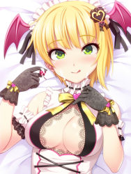 Rule 34 | 10s, 1girl, :p, :q, bat wings, blonde hair, blush, breasts, center opening, cherry, cleavage, corset, cream, dress, floral print, food, fruit, gloves, green eyes, hair ornament, headdress, idolmaster, idolmaster cinderella girls, idolmaster cinderella girls starlight stage, large breasts, looking at viewer, maid headdress, miyamoto frederica, open mouth, print gloves, short hair, smile, solo, suggestive fluid, tongue, tongue out, totokichi, wings