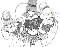 Rule 34 | 3girls, bare shoulders, blue eyes, breasts, chain, choker, cleavage, clothes writing, contrapposto, crop top, downblouse, earth (ornament), english text, hat, heart, hecatia lapislazuli, large breasts, midriff, miniskirt, monochrome, moon (ornament), multiple girls, multiple persona, raptor7, red eyes, simple background, skirt, smile, standing, touhou, yellow eyes