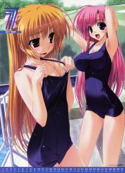 Rule 34 | 00s, 2009, 2girls, absurdres, armpits, arms up, black eyes, blonde hair, braid, breast envy, breasts, calendar, cleavage, clothes pull, flat chest, highres, july, large breasts, long hair, multiple girls, one-piece swimsuit, one-piece swimsuit pull, pink hair, pool, pulled by self, purple eyes, scan, school swimsuit, shintarou, side braid, swimsuit, very long hair