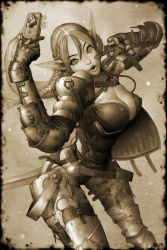 Rule 34 | 1girl, alien1452, armor, breasts, camera, cellphone, cleavage, elf, covered erect nipples, gloves, highres, large breasts, long hair, monochrome, phone, pointy ears, sepia, solo, strap, thigh strap, thighhighs, v