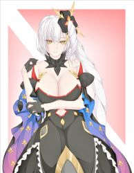 Rule 34 | 1girl, absurdres, bare shoulders, black dress, black gloves, breasts, cleavage, detached collar, dress, fate/grand order, fate (series), gloves, hair ornament, half gloves, highres, kachihokori satake, large breasts, long hair, looking at viewer, marie antoinette (alter) (fate), marie antoinette (fate), off shoulder, parted lips, side ponytail, solo, very long hair, white hair, yellow eyes