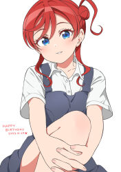 Rule 34 | 1girl, blue eyes, collarbone, dated, fingernails, hair between eyes, hair bun, hands on own leg, happy birthday, highres, jenny (je2live), leg up, light blush, light smile, long hair, looking at viewer, love live!, love live! superstar!!, own hands together, parted lips, red hair, school uniform, single side bun, solo, white background, yoneme mei, yuigaoka school uniform