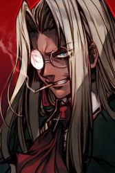 Rule 34 | 1girl, blue eyes, cigar, clenched teeth, collared shirt, glasses, hellsing, hungry clicker, integra hellsing, long hair, red background, red neckwear, shirt, silver hair, smoking, solo, teeth
