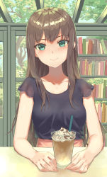 Rule 34 | 1girl, bare arms, black shirt, blush, book, breasts, brown hair, collarbone, commentary request, green eyes, highres, iced coffee, idolmaster, idolmaster cinderella girls, idolmaster cinderella girls starlight stage, long hair, looking at viewer, medium breasts, shibuya rin, shirt, short sleeves, shoukichi (shony), sitting, smile, solo