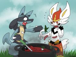 Rule 34 | awesomegoats, cinderace, cooking, creatures (company), curry, food, game freak, gen 4 pokemon, gen 8 pokemon, highres, image sample, lucario, nintendo, no humans, outdoors, pokemon, pokemon (creature), self-upload