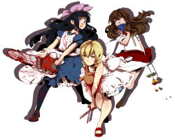 Rule 34 | 3girls, ^ ^, apron, aya drevis, black hair, blonde hair, blood, blood on clothes, blood on face, bloody weapon, blue dress, blue eyes, blue flower, blue rose, bow, braid, brown hair, chainsaw, closed eyes, commentary, crossover, dress, flat chest, flower, full body, green eyes, hair bow, hime cut, ib (ib), ib (kouri), kathleen lim, loafers, long hair, mad father, majo no ie, multiple crossover, multiple girls, puffy short sleeves, puffy sleeves, rose, sandals, scissors, shoes, short sleeves, skirt, stuffed animal, stuffed toy, teddy bear, twin braids, viola (majo no ie), weapon, white dress