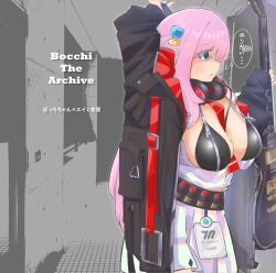 Rule 34 | 1girl, absurdres, bandolier, between breasts, bikini, black bikini, blue archive, blue eyes, bocchi the rock!, breast zipper, breasts, cleavage, cube hair ornament, eimi (blue archive), gotoh hitori, hair ornament, halo, headphones, headphones around neck, highres, id card, jacket, large breasts, long hair, miniskirt, necktie, necktie between breasts, open clothes, open shirt, pink hair, red necktie, ry (pitamin5), skirt, solo, swimsuit, unbuttoned, unbuttoned shirt, zipper, zipper bikini, zipper pull tab