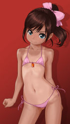 Rule 34 | 1girl, bare arms, bare shoulders, bikini, blush, bow, brown hair, closed mouth, collarbone, commentary request, contrapposto, flat chest, gluteal fold, gradient background, green eyes, hair bow, head tilt, high ponytail, highres, long hair, navel, one-piece tan, original, pink bikini, pink bow, ponytail, red background, rohitsuka, side-tie bikini bottom, solo, standing, sweat, swimsuit, tan, tanline