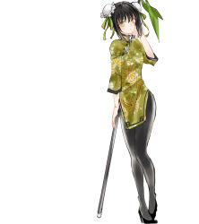 Rule 34 | 1girl, asa (1asa-0-asa1), bad id, bad pixiv id, black hair, black pantyhose, breasts, bun cover, china dress, chinese clothes, double bun, dress, fate/grand order, fate (series), floral print, full body, green dress, green eyes, green ribbon, hair bun, hair ribbon, high heels, highres, large breasts, long sleeves, looking at viewer, pantyhose, polearm, qin liangyu (fate), ribbon, sidelocks, solo, spear, weapon