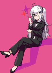Rule 34 | 1girl, ahoge, allial (coefont), alternate costume, anklet, black jacket, black pants, blazer, blush stickers, closed mouth, coefont, collared shirt, crossed legs, full body, glasses, hair ornament, hairclip, hand on own elbow, hand up, high heels, highres, holding, holding pointer, invisible chair, jacket, jewelry, long hair, long sleeves, looking at viewer, one eye closed, one side up, pants, pink background, pointer, pumps, red nails, shadow, shirt, signature, sitting, smile, solo, sparkle, teacher, white hair, white shirt, yanagita kousuke, yellow eyes