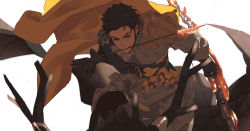 Rule 34 | 1boy, armor, arrow (projectile), arrow in mouth, bad id, bad twitter id, bow (weapon), brown hair, cape, claude von riegan, dark-skinned male, dark skin, dragon horns, dragon riding, fire emblem, fire emblem: three houses, gloves, holding, holding weapon, horns, manly, mouth hold, nintendo, short hair, simple background, weapon, yellow cape, zatsu7wy