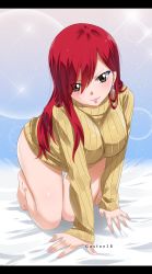 Rule 34 | 1girl, absurdres, all fours, artist name, bed, blush, breasts, brown eyes, earrings, erza scarlet, eyes visible through hair, fairy tail, full body, gaston18, hair between eyes, highres, jewelry, large breasts, letterboxed, long hair, looking at viewer, no pants, on bed, red hair, smile, solo, sweater, watermark