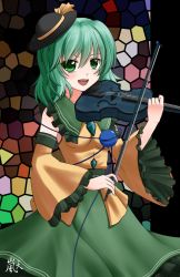 Rule 34 | 1girl, blush, bow (music), breasts, chien zero, detached sleeves, eyeball, female focus, green eyes, green hair, hat, hat ribbon, instrument, komeiji koishi, matching hair/eyes, open mouth, ribbon, skirt, small breasts, smile, solo, stained glass, sun hat, third eye, touhou, violin