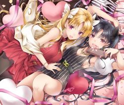 Rule 34 | 1girl, :d, akatsuki hijiri, bitter sweet (fate/grand order), black dress, black hair, black pantyhose, black ribbon, blonde hair, blush, box, bracelet, breasts, cleavage, commentary request, dress, ereshkigal (bitter sweet) (fate), ereshkigal (fate), fate/grand order, fate (series), gift, gift box, hair ribbon, heart, heart-shaped pillow, highres, ishtar (bitter sweet) (fate), ishtar (fate), jewelry, light blush, long hair, looking at viewer, lying, medium breasts, on back, on side, open mouth, pantyhose, petals, pillow, pink ribbon, pinstripe dress, pinstripe pattern, red dress, red eyes, ribbon, shawl, short dress, smile, solo, striped, very long hair, white ribbon