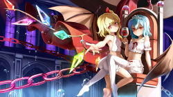 Rule 34 | 2girls, alcohol, alternate costume, ass, bat wings, blonde hair, bloomers, blue hair, blush, chain, crown, cup, drinking glass, emerane, fangs, female focus, flandre scarlet, hair ribbon, light purple hair, multiple girls, navel, outstretched arm, outstretched hand, red eyes, remilia scarlet, ribbon, short hair, side ponytail, sitting, smile, thighhighs, throne, tiara, touhou, underwear, white bloomers, white legwear, window, wine, wine glass, wings