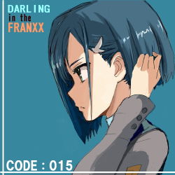 Rule 34 | 1girl, adjusting hair, asymmetrical hair, blue background, blue hair, bob cut, bump (silk0423), character name, close-up, commentary, copyright name, darling in the franxx, dress, from side, green eyes, grey dress, hair ornament, hairclip, hand up, ichigo (darling in the franxx), looking ahead, lowres, parted lips, profile, short hair, simple background, solo, uniform
