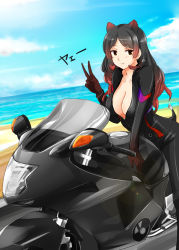 Rule 34 | 10s, 1girl, animal ears, beach, black hair, blush, breasts, brown eyes, brown gloves, brown hair, closed mouth, cloud, collarbone, day, dutch angle, extra ears, gloves, highres, hippopotamus (kemono friends), hippopotamus ears, kemono friends, large breasts, long hair, motor vehicle, motorcycle, outdoors, parted bangs, sketch, sky, smile, solo, straddling, suzuki-shi, v, water
