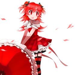 Rule 34 | 1girl, :d, bad id, bad pixiv id, earrings, frilled thighhighs, frills, garter straps, jewelry, mizushirazu, open mouth, original, parasol, personification, red eyes, red hair, red supergiant, ribbon, short hair, simple background, smile, solo, star (symbol), star earrings, striped clothes, striped thighhighs, thighhighs, umbrella, white background