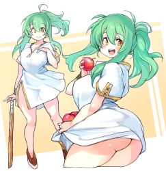 Rule 34 | 1girl, apple, ass, breasts, dress, food, fruit, green hair, large breasts, long bangs, no socks, open mouth, original, ponytail, sachito, short sleeves, solo, weapon, yellow eyes