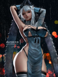Rule 34 | 1girl, arms up, bandages, bare hips, blunt bangs, blurry, breasts, cleavage, clothing cutout, depth of field, dress, flower, hair flower, hair ornament, kaine (nier), large breasts, lips, lolliedrop, nier (series), pinup (style), replicant, revealing clothes, side cutout, solo, thighhighs, thighs, white hair