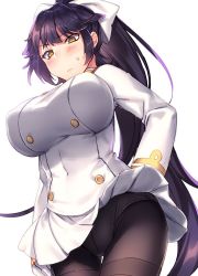 Rule 34 | 1girl, azur lane, black hair, blush, bow, breasts, brown eyes, commentary request, gloves, hair bow, kinosaki reisui, large breasts, long hair, looking at viewer, looking down, military, military uniform, miniskirt, pantyhose, ponytail, simple background, skirt, solo, sweatdrop, takao (azur lane), uniform, very long hair, white background, white gloves