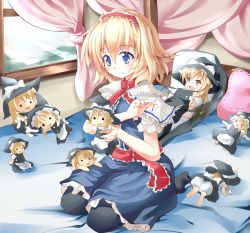 Rule 34 | 1girl, :x, alice margatroid, apron, bed, black dress, blonde hair, bloomers, blue dress, blue eyes, bow, canopy bed, capelet, character doll, dakimakura (object), doll, dress, hairband, hat, hat bow, kirisame marisa, matamataro, needle, open mouth, pillow, puffy short sleeves, puffy sleeves, sash, sewing, sewing needle, short sleeves, smile, solo, too many dolls, touhou, underwear, upskirt, waist apron, window, witch hat, yellow eyes