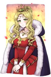 Rule 34 | 1girl, blonde hair, breasts, cape, circlet, closed mouth, cowboy shot, crown, dress, fire emblem, fire emblem: the binding blade, fur trim, gold trim, green eyes, guinevere (fire emblem), highres, jewelry, long hair, long sleeves, medium breasts, misato hao, necklace, nintendo, red dress, signature, smile, solo