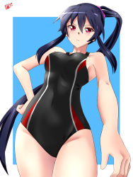 Rule 34 | 1girl, alternate costume, artist name, bare shoulders, black hair, breasts, competition swimsuit, dated, from below, hair ornament, hair scrunchie, highres, kantai collection, long hair, medium breasts, one-piece swimsuit, ponytail, purple scrunchie, red eyes, scrunchie, sebunsu, sideboob, sidelocks, solo, swimsuit, yahagi (kancolle)