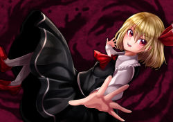 Rule 34 | 1girl, ascot, black skirt, black vest, blonde hair, blouse, collared shirt, commentary request, flower, foreshortening, frilled shirt collar, frills, from side, full body, hair between eyes, highres, long sleeves, looking at viewer, looking to the side, mahoro (minase mahoro), open mouth, purple background, red ascot, red eyes, red flower, rumia, shirt, shoes, short hair, simple background, skirt, solo, t-pose, teeth, touhou, upper teeth only, vest, white legwear, white shirt