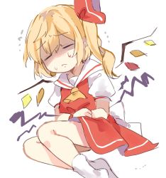 Rule 34 | 1girl, ascot, back bow, blonde hair, bow, closed eyes, closed mouth, collared shirt, crystal, flandre scarlet, frown, furrowed brow, hair ribbon, medium hair, no headwear, one side up, paragasu (parags112), puffy short sleeves, puffy sleeves, red ribbon, red skirt, red vest, ribbon, shirt, short sleeves, simple background, skirt, skirt set, socks, solo, touhou, vest, white background, white bow, white shirt, white socks, wings, yellow ascot