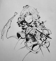 Rule 34 | 1other, ahoge, androgynous, armor, badai, breastplate, closed mouth, commentary request, crosshair, graphite (medium), greyscale, heart, heart ahoge, highres, japanese clothes, kimono, len&#039;en, monochrome, nib pen (medium), ooama no ake no mitori, other focus, simple background, sleeveless, sleeveless kimono, smile, solo, traditional media, white background