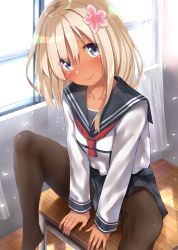Rule 34 | 10s, 1girl, absurdres, alternate costume, black skirt, blonde hair, blush, brown pantyhose, classroom, collarbone, commentary request, curtains, day, desk, eyes visible through hair, flower, go-1, grey eyes, hair between eyes, hair flower, hair ornament, highres, indoors, kantai collection, long hair, looking at viewer, on desk, pantyhose, ro-500 (kancolle), school, school desk, school uniform, serafuku, sitting, skirt, smile, solo, spread legs, tan, tanline, window