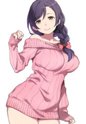 Rule 34 | 1girl, bare shoulders, bow, braid, braided ponytail, breasts, collarbone, dress, duke (inu daimyou), green eyes, hair bow, hair over shoulder, large breasts, light blush, long hair, long sleeves, looking at viewer, love live!, love live! school idol project, low ponytail, off-shoulder dress, off shoulder, pink bow, pink dress, purple hair, ribbed dress, simple background, single braid, solo, tojo nozomi, white background