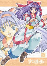 Rule 34 | 1girl, ainu clothes, blue hair, breasts, clenched hand, fingerless gloves, gloves, hair ribbon, highres, legs, long hair, looking at viewer, medium breasts, nakoruru, pants, purple eyes, ribbon, samurai spirits, smile, snk, solo, the king of fighters, thighs, traditional media, weapon