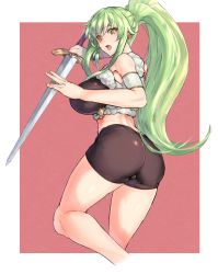 Rule 34 | ass, bike shorts, borrowed character, breasts, depo (typebaby505), green hair, highres, holding, holding sword, holding weapon, huge breasts, long hair, looking back, open mouth, original, ponytail, solo, sword, weapon, yellow eyes