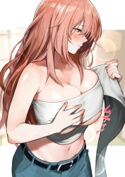 Rule 34 | 1girl, absurdres, belt, black belt, blue pants, blush, breasts, brown eyes, brown hair, cleavage, closed mouth, hand on own chest, highres, holding, huge breasts, inui shinju, letterboxed, long hair, looking away, marse (rokudaime), midriff, navel, pants, profile, signature, solo, sono bisque doll wa koi wo suru, sound effects, upper body, very long hair